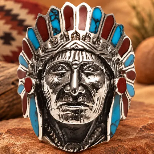 Bague Tête d’Indien à Coiffe Rouge et Turquoise